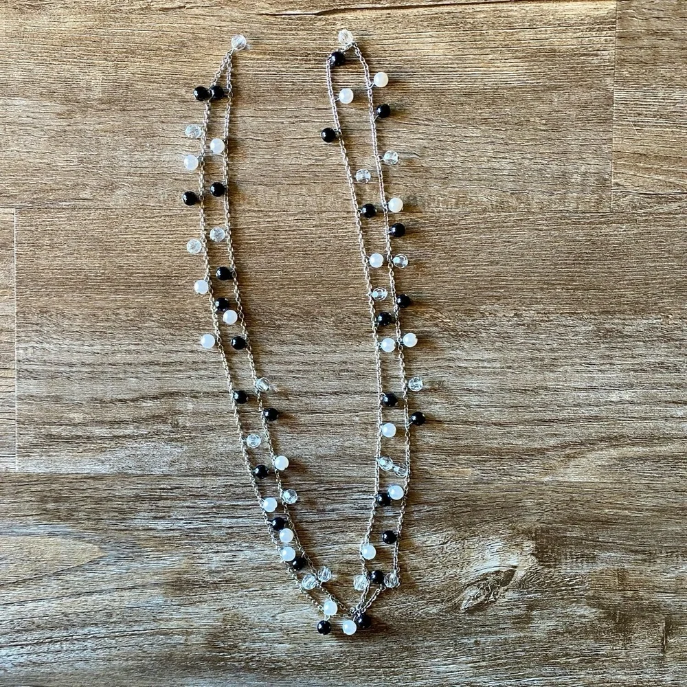 Silver Necklace Women’s Beaded Black Pearl Clear 53” Workwear or Costume Jewelry